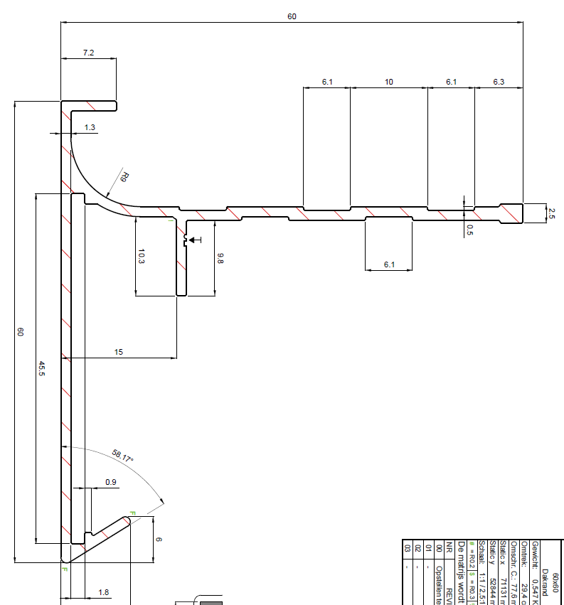 Alu rive de toit 60/50 anthracite structure ral 7016 3m/pc eur/mc